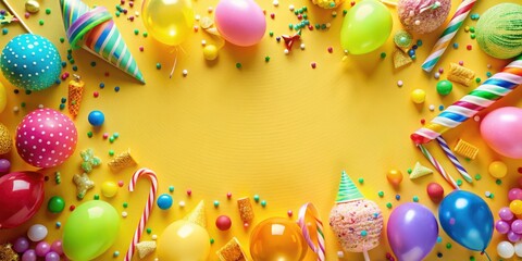 Poster - A vibrant celebration with colorful balloons, confetti, candy, and party hats on a bright yellow background.