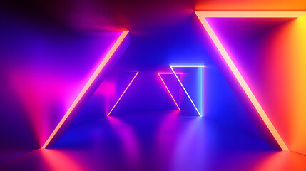 Poster - Abstract geometric background. Futuristic neon wallpaper. 3d render of a futuristic corridor with glowing lights in purple, blue, and orange hues. Walls reflect the vibrant colors