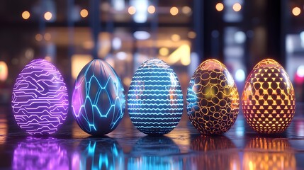 Poster - Futuristic and vibrant Easter eggs with glowing neon like patterns on a sleek metallic surface  This digital or 3D render showcases a modern