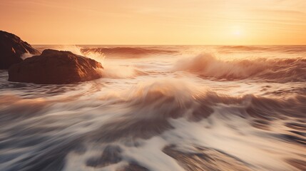 Wall Mural - Long exposure of flowing water with soft waves, golden hour lighting, empty space on the left for text,generative ai illustration