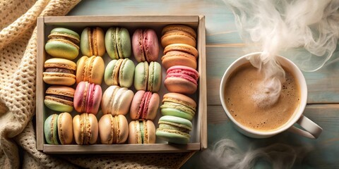Poster - A steaming cup of coffee and a box of colorful macarons on a wooden table