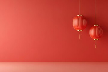 Sticker - Two red Chinese lanterns hang against a solid red wall.