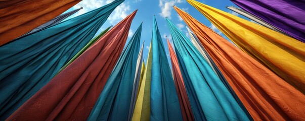 Wall Mural - Colorful Fabric Stripes Displayed Against Bright Blue Sky