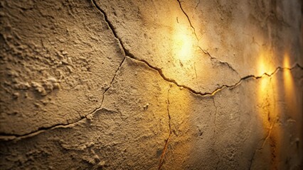 Poster - A cracked plaster wall illuminated by soft, warm light revealing the passage of time and resilience