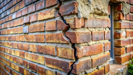 Poster - A weathered brick wall with a crack running diagonally through it, revealing the mortar underneath, creating a sense of age and fragility.