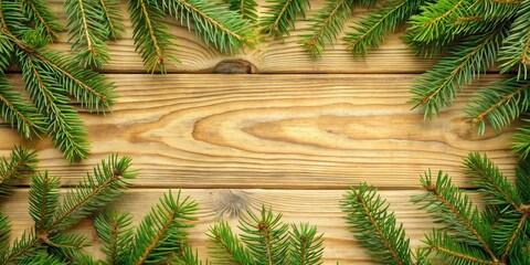 Aufkleber - A rustic wooden background adorned with fresh evergreen boughs, creating a simple yet festive backdrop.