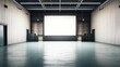 © Topa Studio - Big blank light screen instead of wall with projectors in empty industrial style hall room with glossy floor. Mockup. 3D rendering