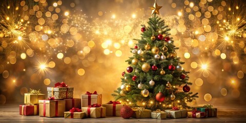 Poster - A festive Christmas tree adorned with ornaments and twinkling lights, standing proudly against a backdrop of sparkling bokeh and golden fireworks.