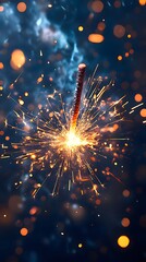 Wall Mural - Burning sparkler with bright sparks against a dark background.