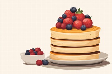 Leinwandbilder - Stack of golden pancakes topped with fresh strawberries and blueberries with room for text. Generative AI