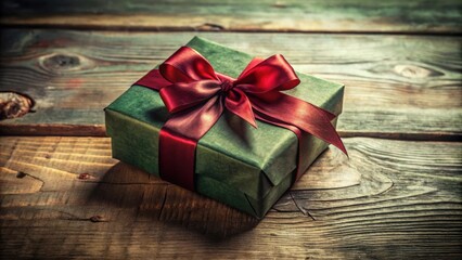 Poster - A beautifully wrapped gift box with a festive red ribbon sits on a rustic wooden table, symbolizing the anticipation and joy of a special occasion.