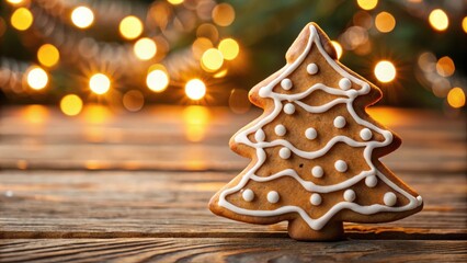 Poster - A Festive Gingerbread Christmas Tree Decorated with White Icing and Sprinkles on a Wooden Surface with a Blurry Background of Warm Lights