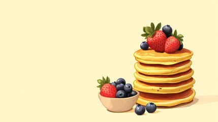 Poster - Delicious golden pancakes stacked high with fresh strawberries and blueberries ready to serve. Generative AI