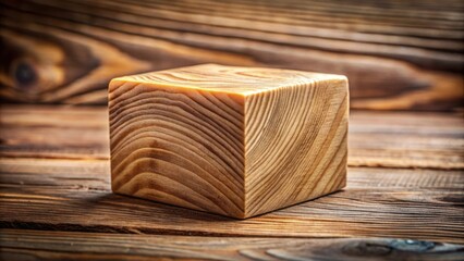 Poster - A smooth wooden cube sits atop a rustic wooden surface, showcasing the natural beauty of grain patterns and textures.