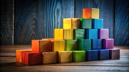 Aufkleber - A pyramid of colorful wooden blocks stacked on a rustic wooden table, symbolizing growth, achievement, and the power of collaboration.