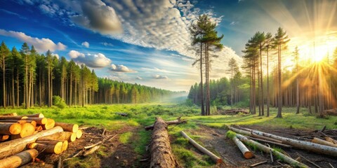 Poster - A Golden Sun Bathes a Forest Clearing, Where Logs Lie Scattered Amidst Lush Green Grass and Towering Trees