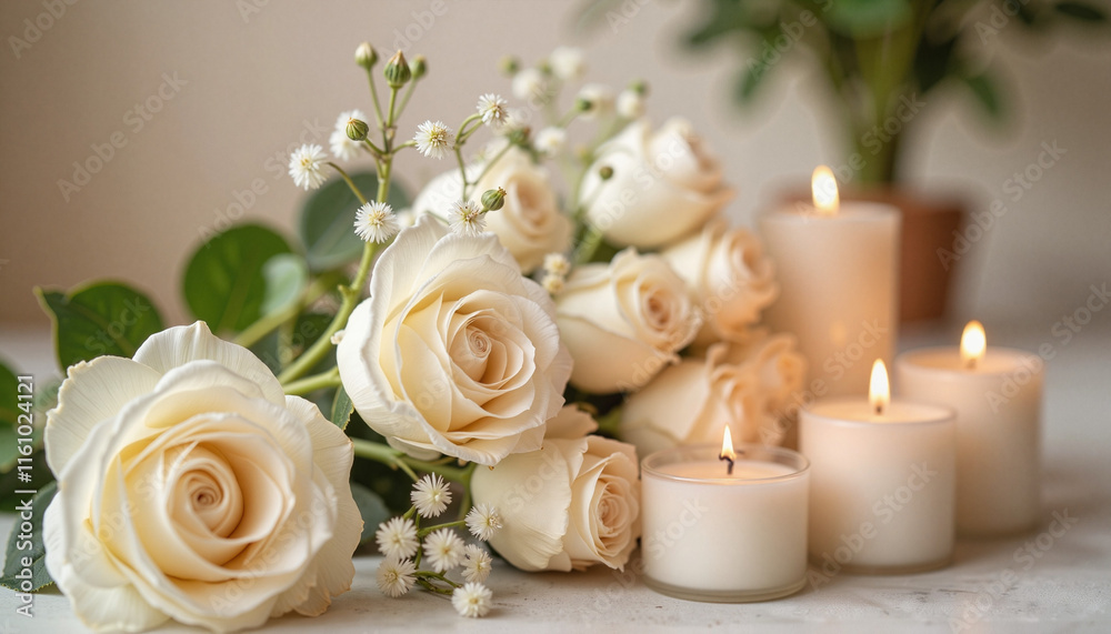 Elegant white roses and candles in bohemian decor, serene ambiance