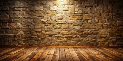 Aufkleber - A rustic stone wall with a warm wooden floor and dramatic lighting creates an inviting atmosphere.