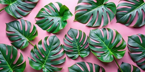 Poster - A vibrant arrangement of lush green tropical leaves on a delicate pink background, showcasing the natural beauty of foliage and the allure of a summery aesthetic.