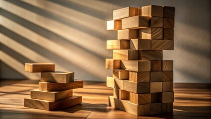 Wall Mural - A wooden block tower and a smaller tower with slanted sunlight and a wooden background.