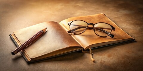 Aufkleber - A weathered leather-bound notebook with an open page awaits inspiration, accompanied by a pencil and a pair of spectacles