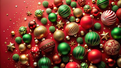 Poster - A Festive Array of Green, Red, and Gold Christmas Ornaments and Stars Scattered on a Red Background