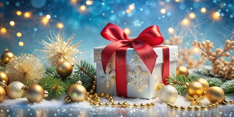 Poster - A festive Christmas gift box with a red bow, nestled among golden ornaments and evergreen boughs, all aglow with sparkling lights.