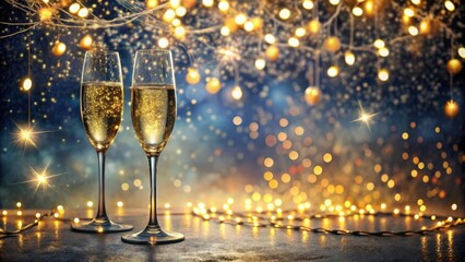 Aufkleber - Two glasses of sparkling champagne rest on a table adorned with shimmering fairy lights, creating a festive ambiance.