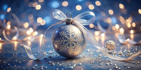 Poster - A silver Christmas ornament with a snowflake design and a silver ribbon, resting on a surface with a blue background and soft twinkling lights.