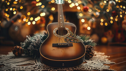 Poster - Guitar on the table, in the room Christmas atmosphere, warm colors.