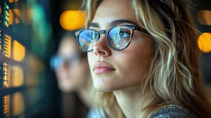 Aufkleber - Visionary Woman: A young woman with blonde hair and glasses gazes intently at a data screen, her expression reflecting focus and determination.