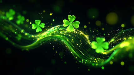 Poster - Vibrant Green Shamrock Abstract Background for St. Patrick's Day, A captivating abstract background featuring glowing green shamrocks against a dark, black backdrop.