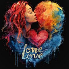 Poster - A painting of a woman and a man kissing with a heart in the middle