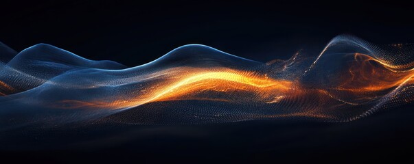 Fototapete - Abstract Blue Orange Particle Waves Dark Background Digital Art
