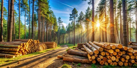 Poster - Golden sunlight streams through a dense pine forest, illuminating a path lined with stacked logs, a testament to the forest's bounty.