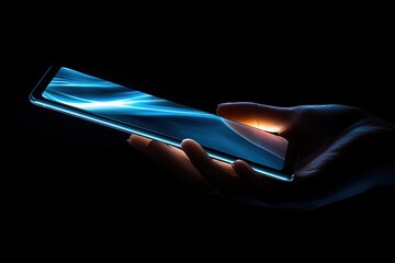 Poster - Hand holding smartphone with vibrant blue abstract display.  Dark background enhances the screen's glow.