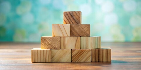 Aufkleber - Stacked Wooden Blocks Form a Pyramid Shape on a Natural Wood Table with a Blurred Blue and Green Background