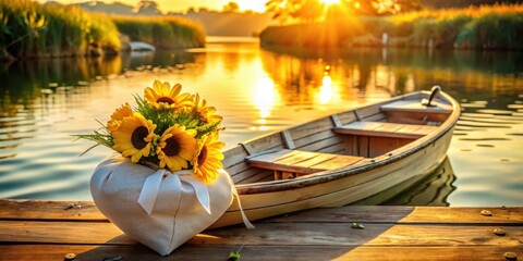 Aufkleber - A heart-shaped bouquet of sunflowers sits on a wooden dock beside a rowboat, bathed in the warm glow of a sunset over a tranquil lake.
