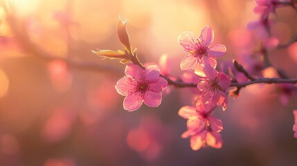 Wall Mural - Cherry blossoms in sunlight display vibrant pink flowers set against a blurred backdrop. This cherry themed scene offers a serene natural environment, ideal for design purposes and artistic