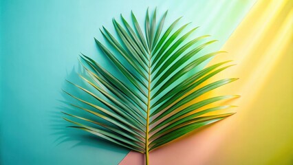 Poster - A single palm frond against a vibrant teal and yellow background, a simple yet striking representation of summer's warmth and tropical vibes.