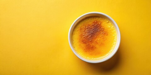 Aufkleber - A single serving of creamy custard with a slightly caramelized top sits on a bright yellow background.