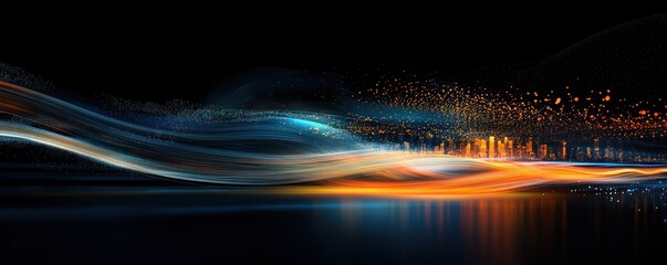 Poster - Abstract Cityscape Digital Art Blue Orange Waves Lights