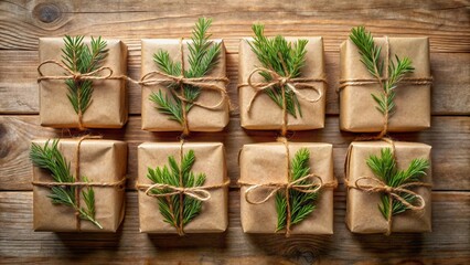 Poster - A Rustic Arrangement of Eight Gifts Wrapped in Brown Paper and Decorated with Sprigs of Evergreen, Tied with Twine, on a Wooden Surface