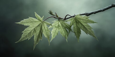 Wall Mural - Green leaves of Acer longipes gently grace a branch, showcasing their vibrant beauty with a soft focus that highlights the delicate details of the Acer longipes foliage.