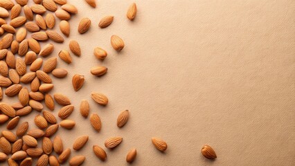 Poster - A scattered grouping of almonds on a brown background, creating a natural and wholesome aesthetic.