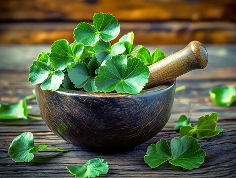 Centella Asiatica in Mortar and Pestle on Rustic Wooden Background
