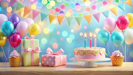 Poster - A festive birthday celebration with a pink cake, colorful balloons, gifts, and cupcakes on a wooden table