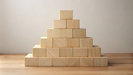 Aufkleber - A pyramid made of wooden blocks arranged in a geometric pattern on a wooden surface.