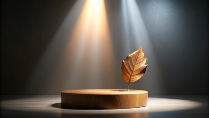 Poster - A Minimalist Display Featuring a Circular Wooden Platform and a Single Dried Leaf in the Spotlight