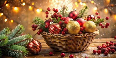 Poster - A Rustic Christmas Basket Filled with Shiny Baubles and Holly Berries, Adorned with Delicate Snowflakes and Warm Golden Lights